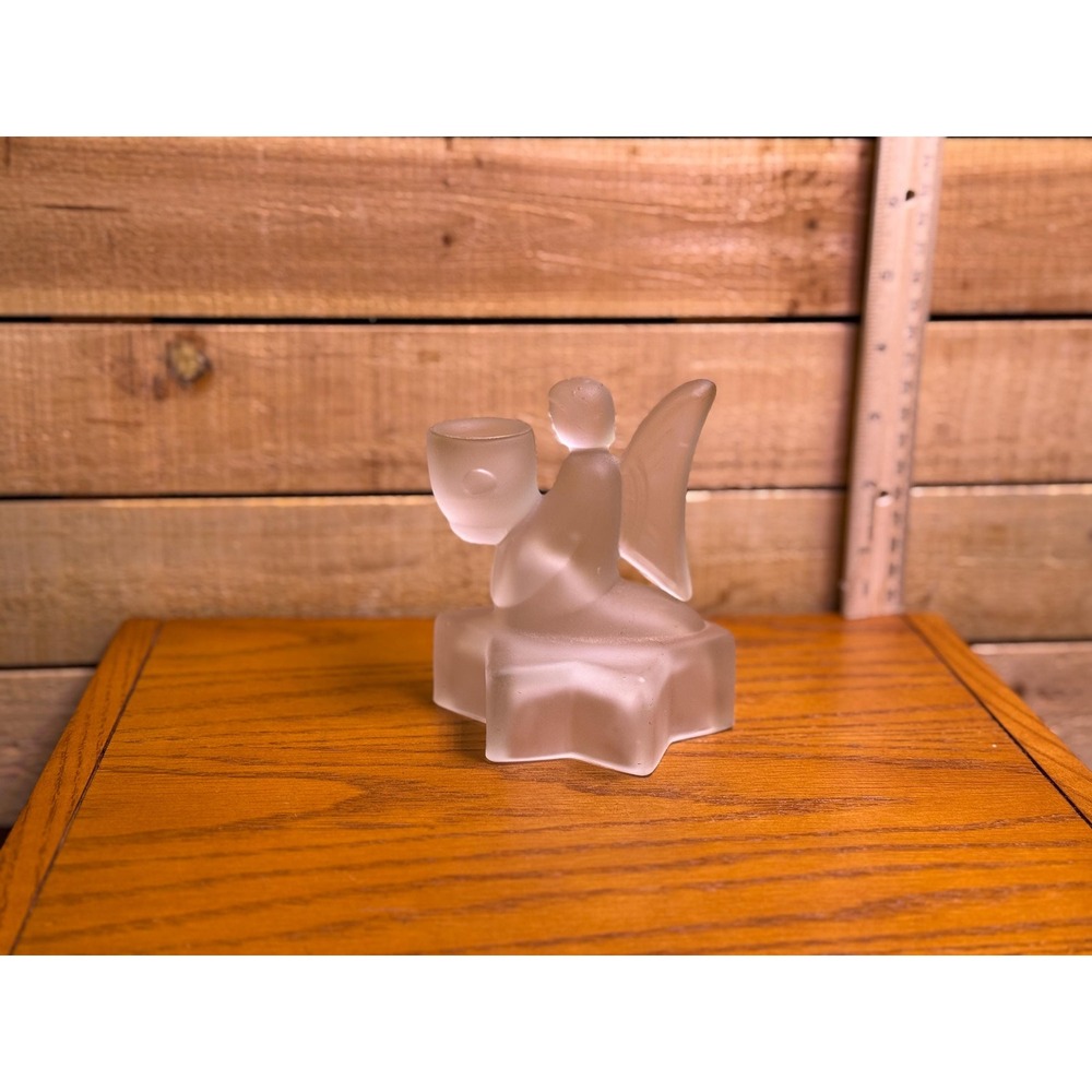 Vintage Frosted Glass Angel on Star Candlestick Holder 4.5 in